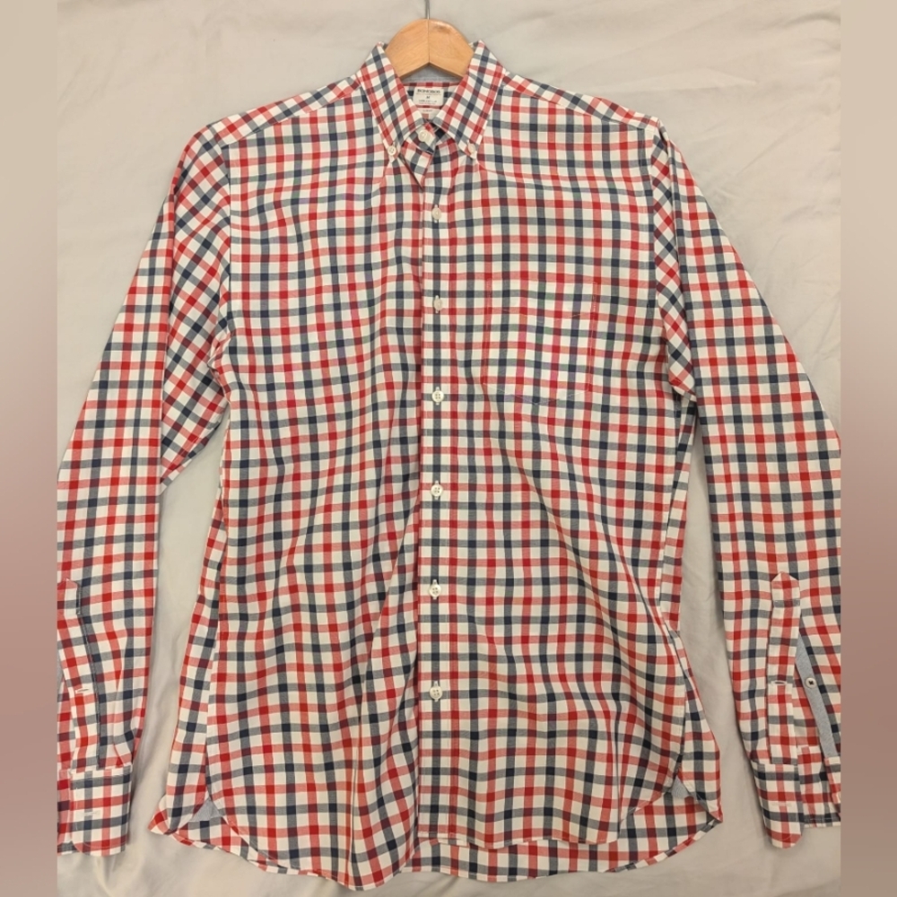 Bonobos mens dress shirt, size medium slim fit, red white blue checkered pattern